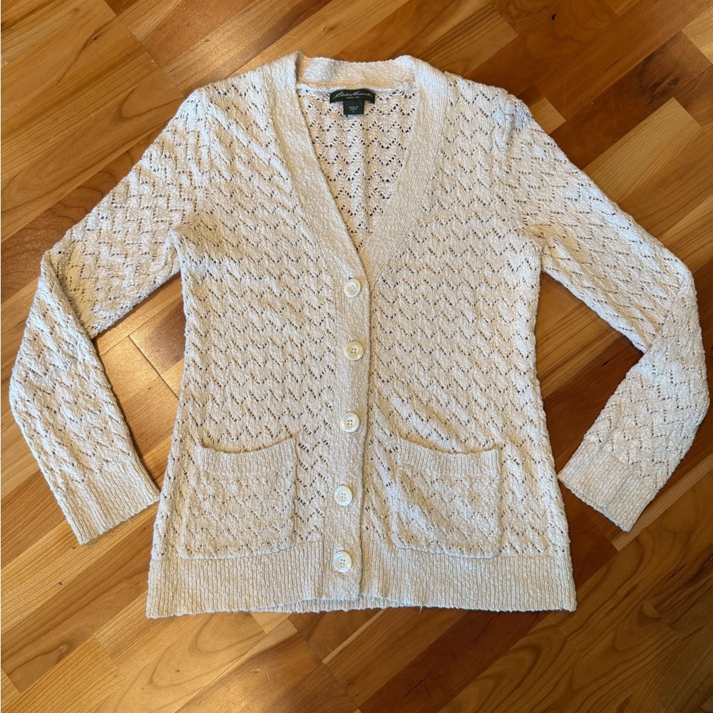 Eddie Bauer Cream Open-Knit Cardigan Size Medium | 100% Cotton | Two Pockets